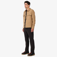 General Topo Designs Men's recycled sustainable Wool Shirt in "Camel" brown on model side.