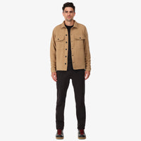 General Topo Designs Men's recycled sustainable Wool Shirt in "Camel" brown on model front.