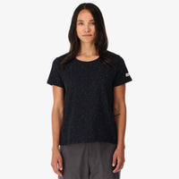 General front shot of Topo Designs Women's organic cotton Cosmos t-shirt in black on model.