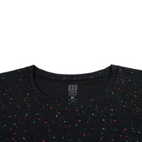General detail shot of Topo Designs Women's Cosmos short sleeve organic cotton t-shirt in black showing heat pressed label and collar.