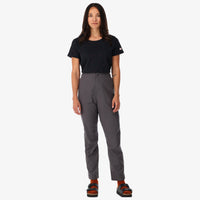 Topo Designs Women's Lightweight Tech Pants in "charcoal" gray on model front.