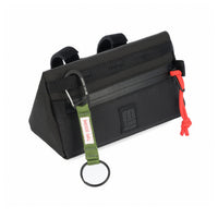 General shot of key clip on daisy chain webbing of Topo Designs Bike Bag Mini Mountain bicycle handlebar bag in "Black" lightweight recycled nylon.