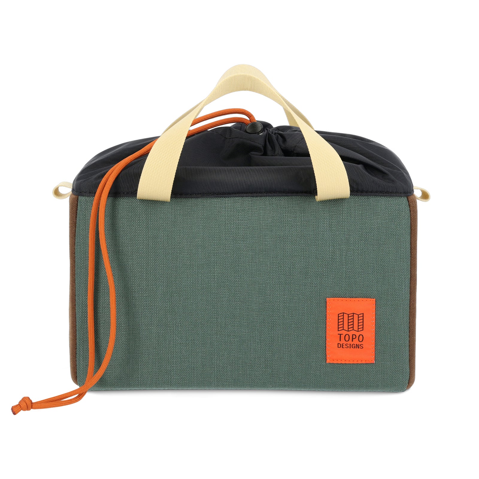 Topo Designs Camera Cube protective organizer photography bag in "Forest / Cocoa" green brown