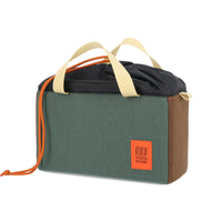 Topo Designs Camera Cube protective organizer photography bag in "Forest / Cocoa" green brown