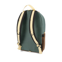 Back of Topo Designs Daypack Classic 100% recycled nylon laptop backpack for work or school in "Forest / Cocoa" green brown