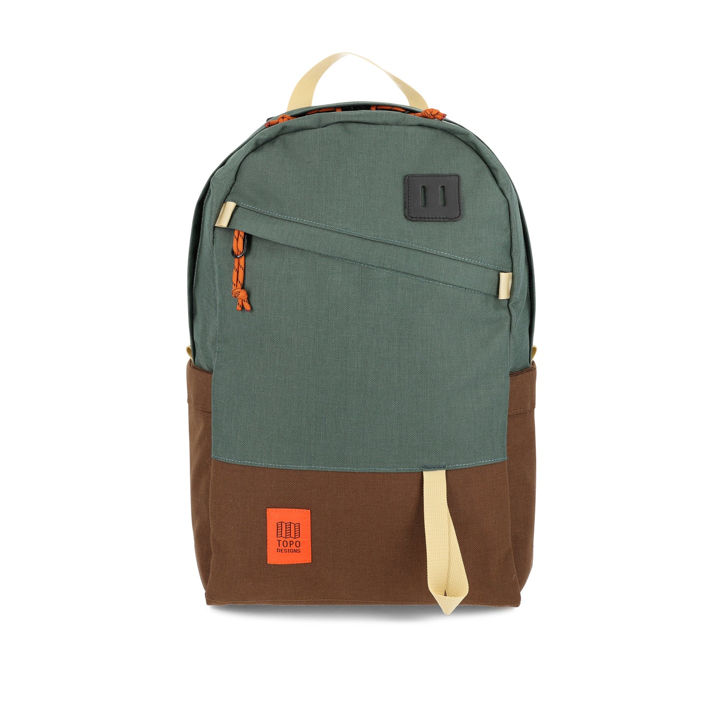 Topo Designs Daypack Classic 100% recycled nylon laptop backpack for work or school in "Forest / Cocoa" green brown