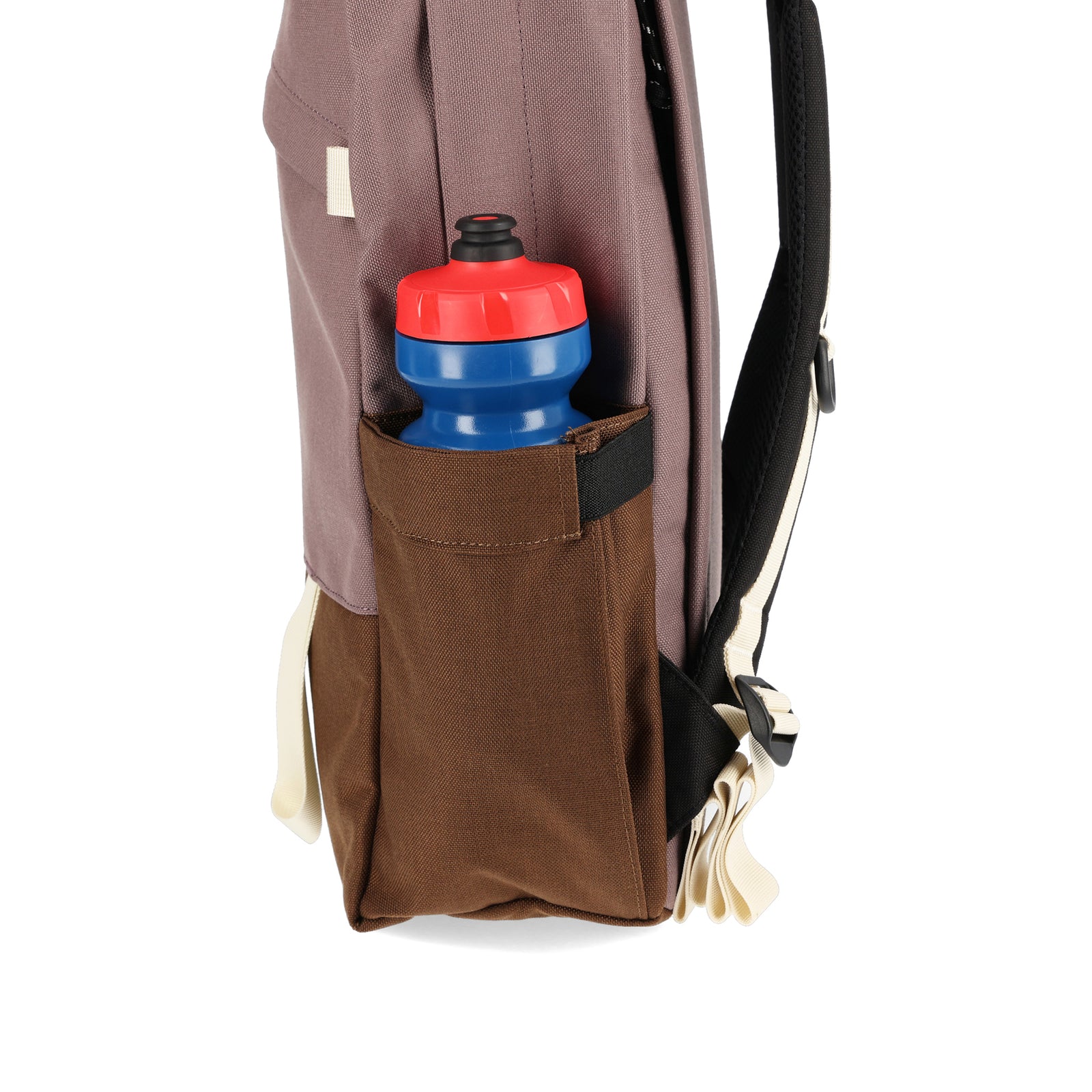 General shot of side expandable water bottle pockets on Topo Designs Daypack Classic 100% recycled nylon laptop backpack for work or school in "Peppercorn / Cocoa" purple brown