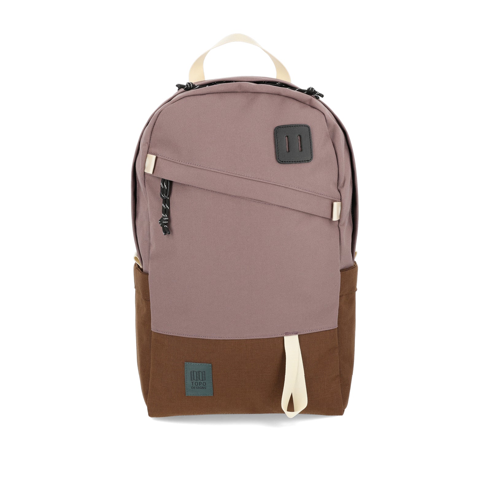 Topo Designs Daypack Classic 100% recycled nylon laptop backpack for work or school in "Peppercorn / Cocoa" purple brown