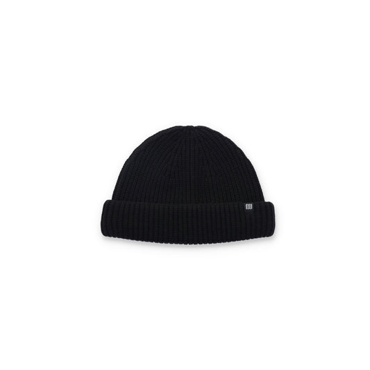Topo Designs Global Beanie merino wool blend watchman cap in "black".