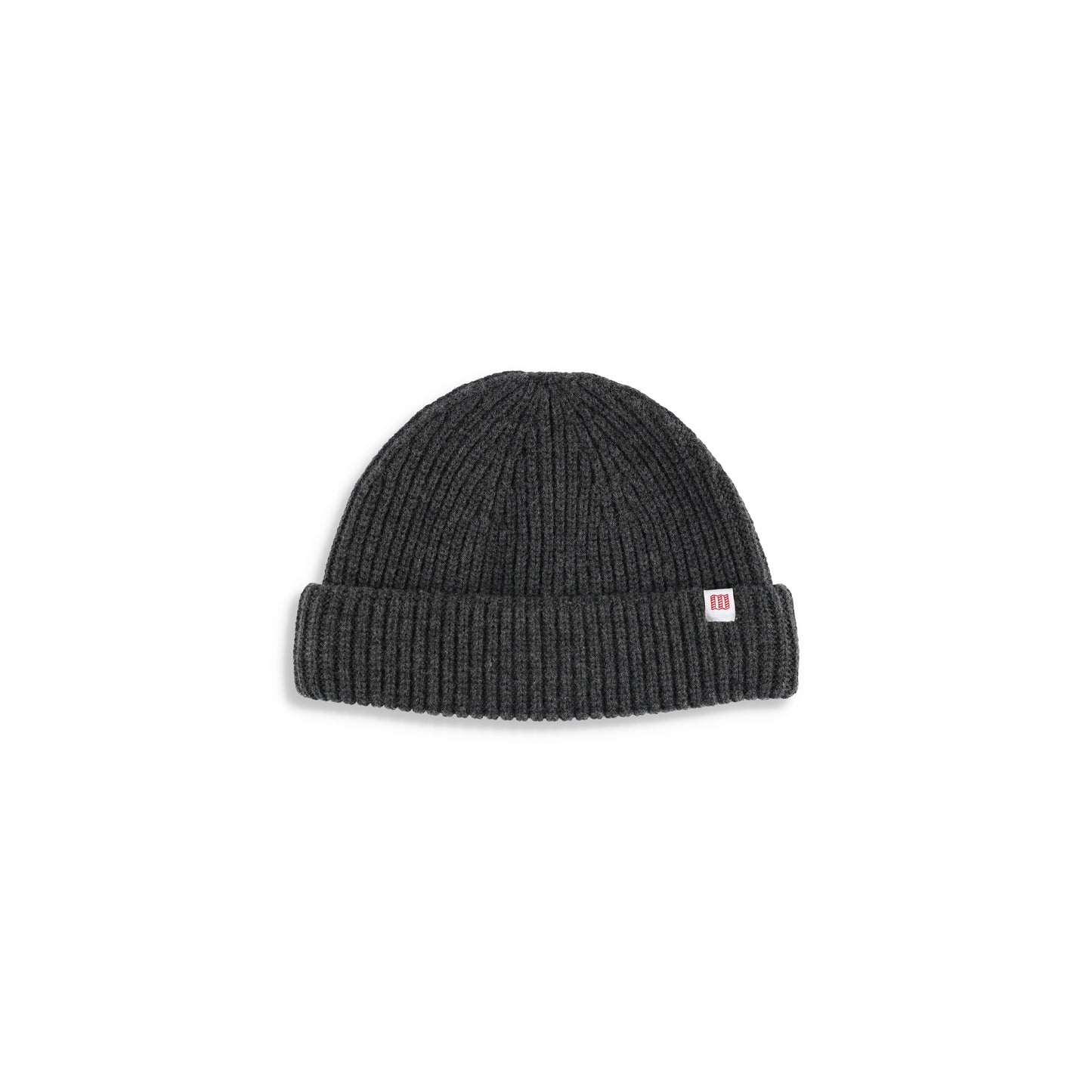 Topo Designs Global Beanie merino wool blend watchman cap in "charcoal" gray.