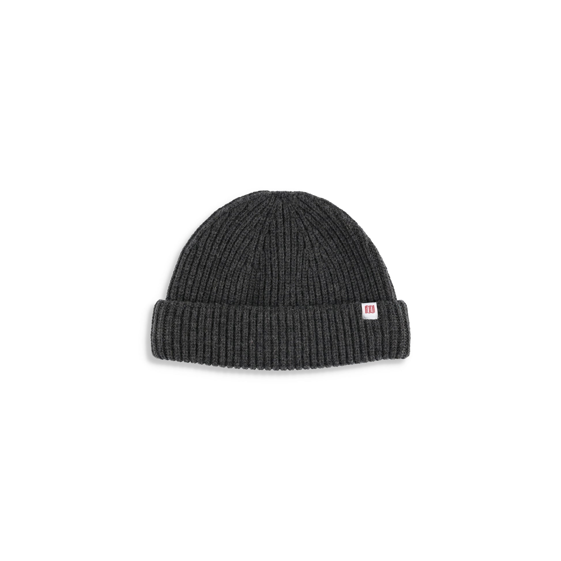 Topo Designs Global Beanie merino wool blend watchman cap in "charcoal" gray.