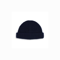 Back of Topo Designs Global Beanie merino wool blend watchman cap in "navy" blue