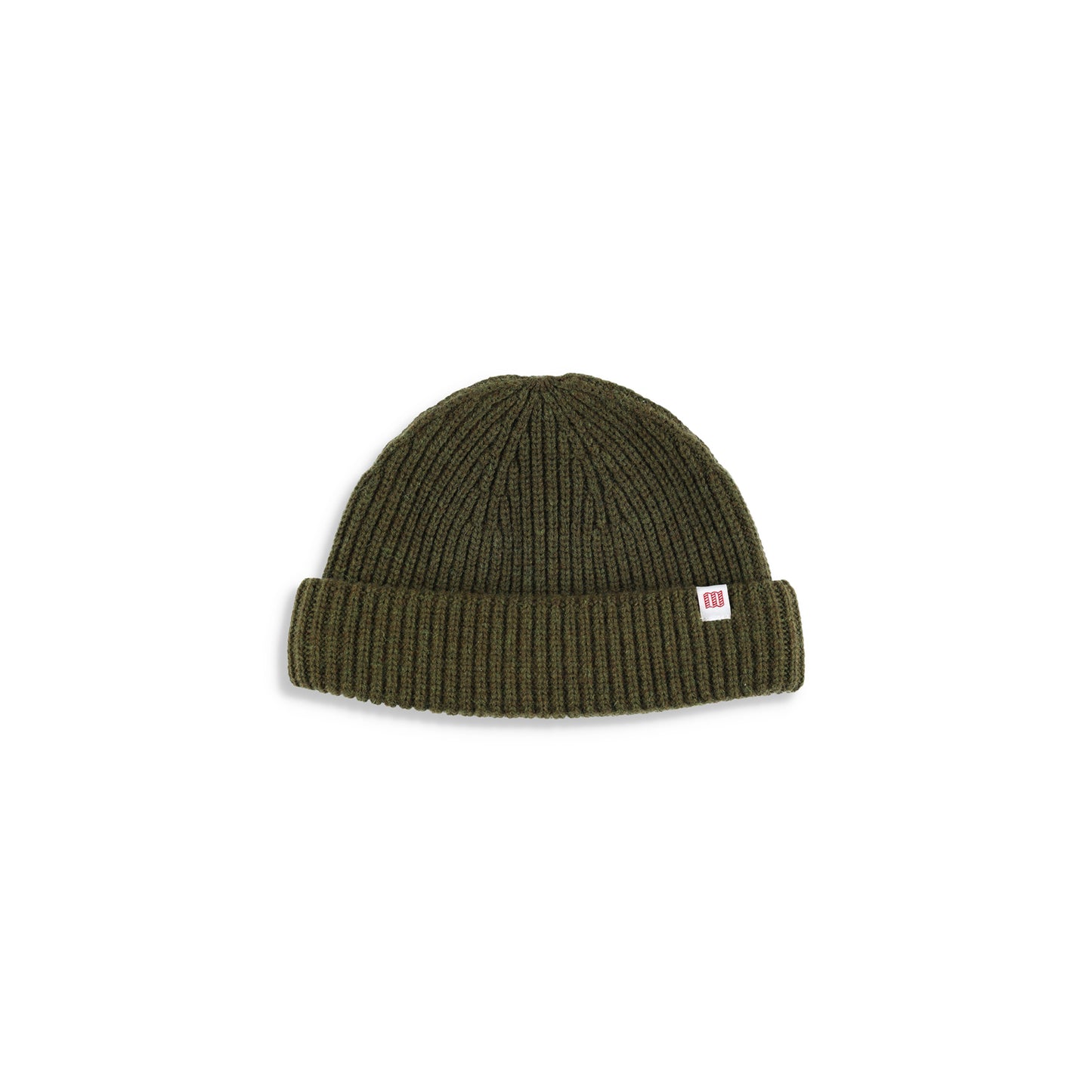 Topo Designs Global Beanie merino wool blend watchman cap in "olive" green.