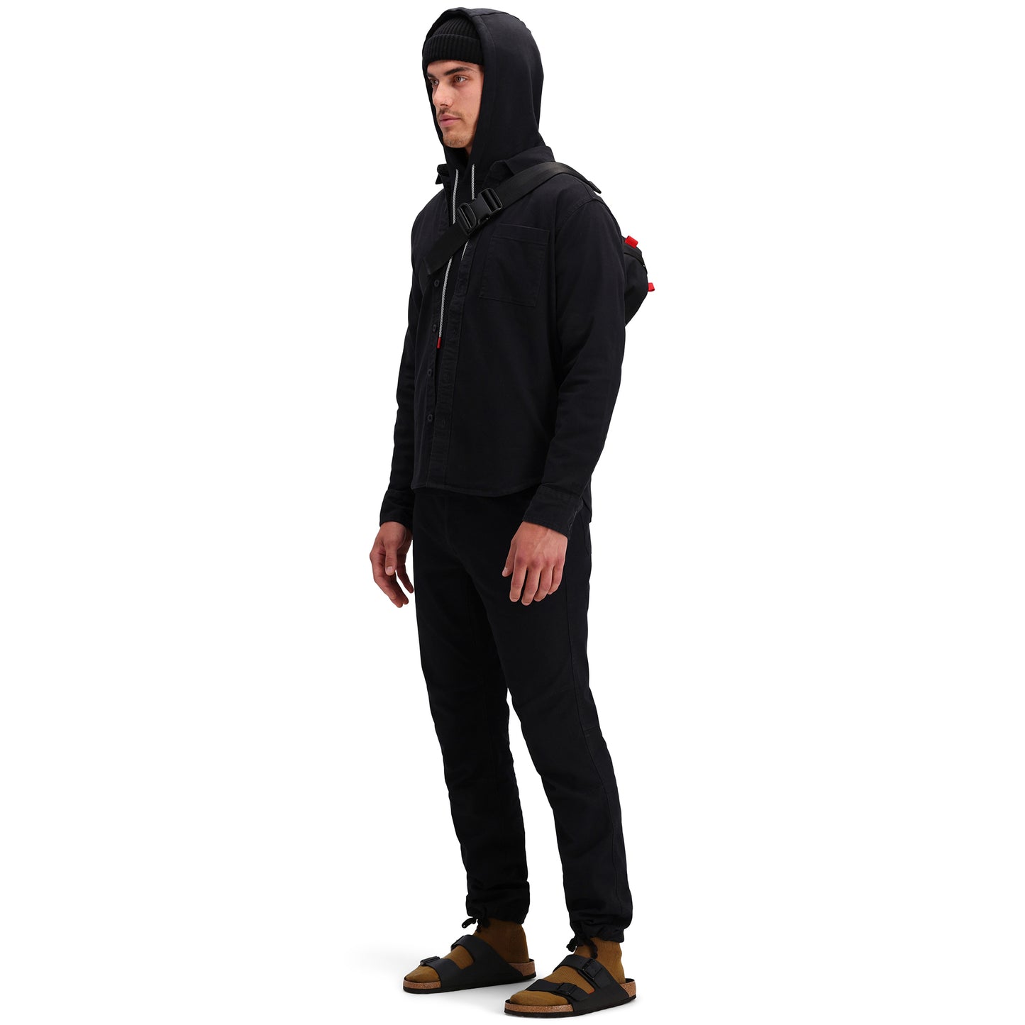 Front model shot of Topo Designs Men's Dirt Hoodie 100% organic cotton French terry sweatshirt in "black".