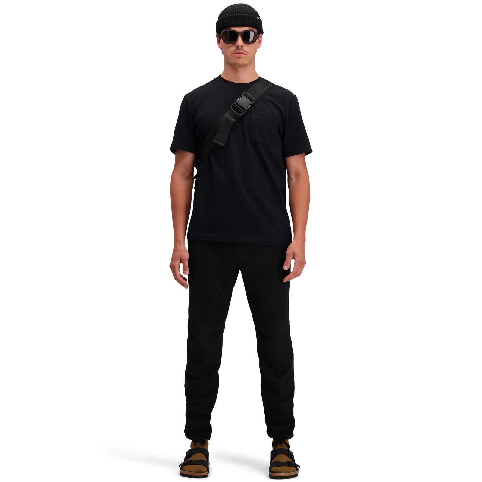Front model shot of Topo Designs Men's Dirt Pants 100% organic cotton drawstring waist in "black"