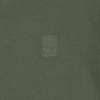 General detail shot of embroidered chest logo on Topo Designs Men's Dirt Crew sweatshirt in 100% organic cotton in olive green.