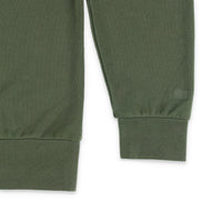 General detail shots of sleeve cuff on Topo Designs Men's Dirt Crew sweatshirt in 100% organic cotton in olive green.