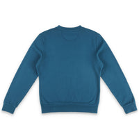 Back of Topo Designs Men's Dirt Crew sweatshirt in 100% organic cotton in "pond blue".