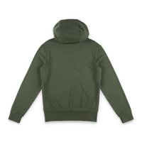Back of Topo Designs Men's Dirt Hoodie 100% organic cotton French terry sweatshirt in "olive" green.