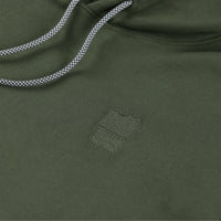 Detail shot of embroidered  chest logo on Topo Designs Men's Dirt Hoodie 100% organic cotton French terry sweatshirt in "olive" green.