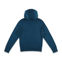 Back of Topo Designs Men's Dirt Hoodie 100% organic cotton French terry sweatshirt in "pond blue"