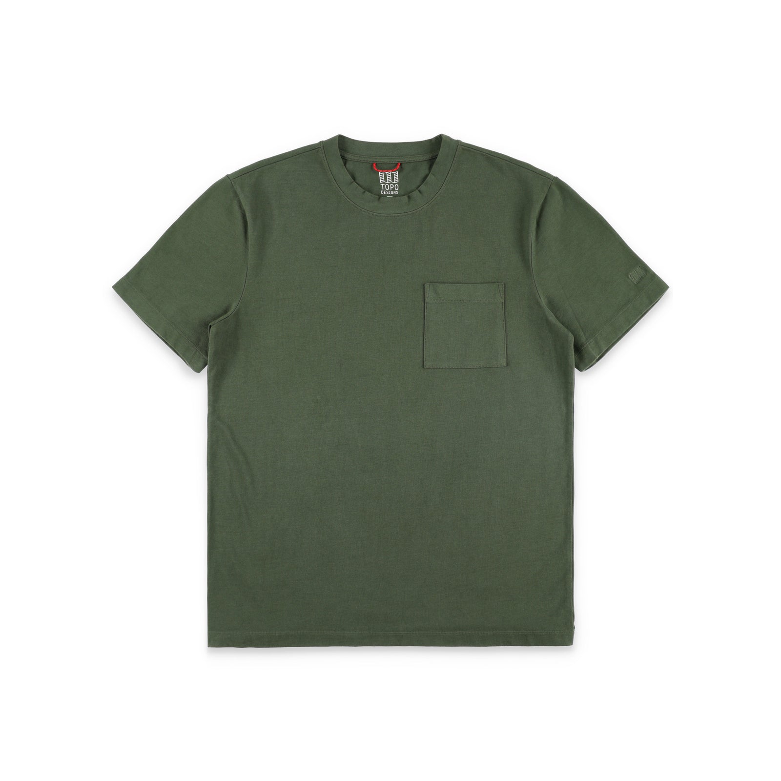 Topo Designs Men's Dirt Pocket Tee 100% organic cotton short sleeve t-shirt in "olive" green