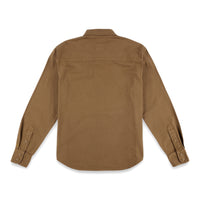 Back of Topo Designs Men's Dirt Shirt long sleeve organic cotton button-up in "Dark Khaki" brown.