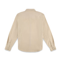 Back of Topo Designs Men's Dirt Shirt long sleeve organic cotton button-up in "Sand" brownish white.