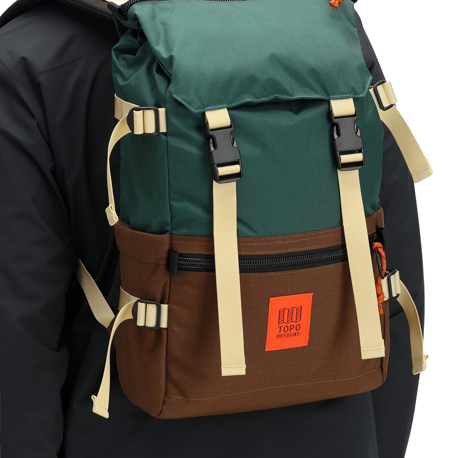 Detail back model shot of Topo Designs Rover Pack Classic laptop backpack in recycled "Forest / Cocoa" green brown.