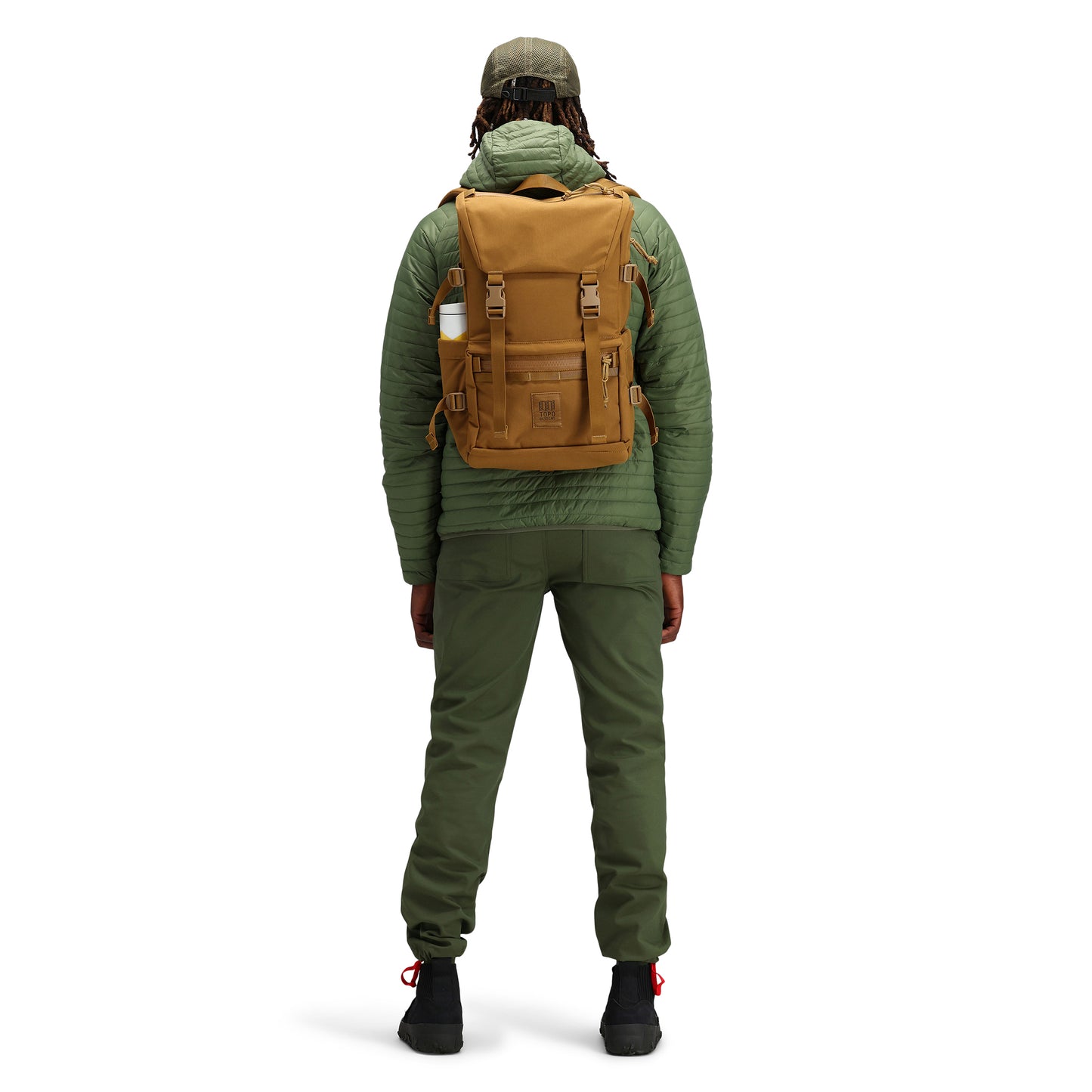 General back model shot of the Topo Designs Rover Pack Tech external access laptop backpack in "Dark Khaki".