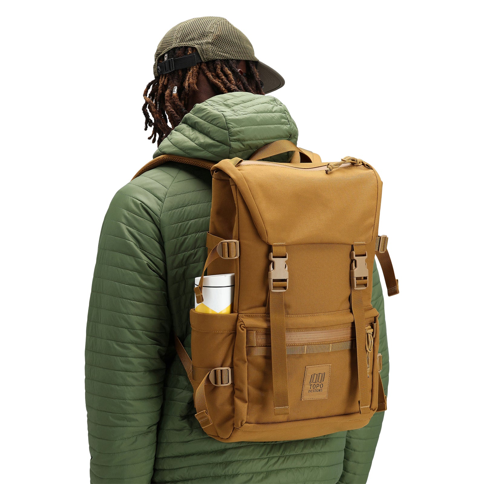 General back model shot of the Topo Designs Rover Pack Tech external access laptop backpack in "Dark Khaki".