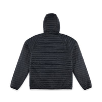 Back of Topo Designs Men's Global Puffer packable recycled insulated Hoodie jacket in "black"