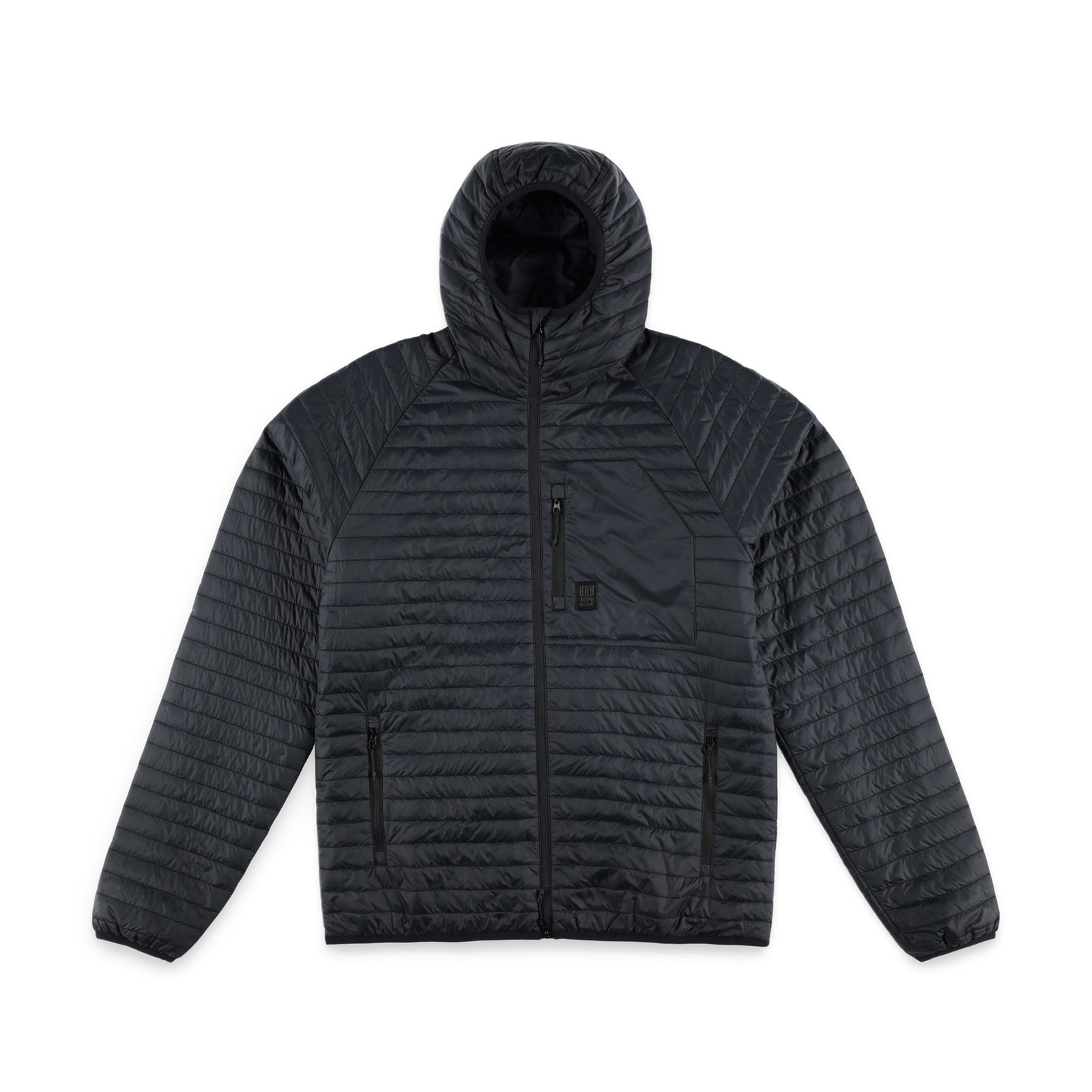 Topo Designs Men's Global Puffer packable recycled insulated Hoodie jacket in "black"