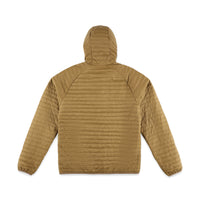 Back of Topo Designs Men's Global Puffer packable recycled insulated Hoodie jacket in "dark khaki" brown
