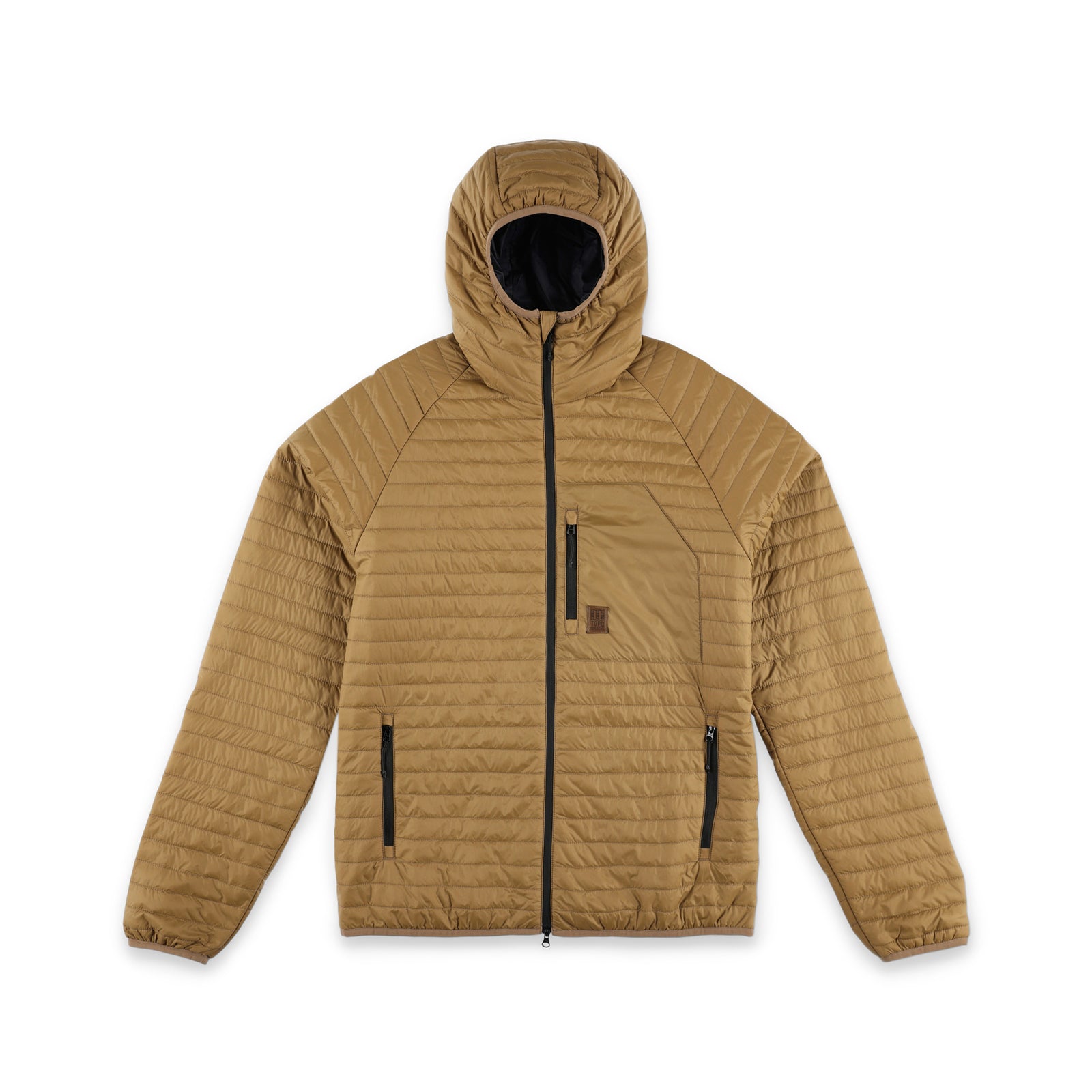 Topo Designs Men's Global Puffer packable recycled insulated Hoodie jacket in "dark khaki" brown