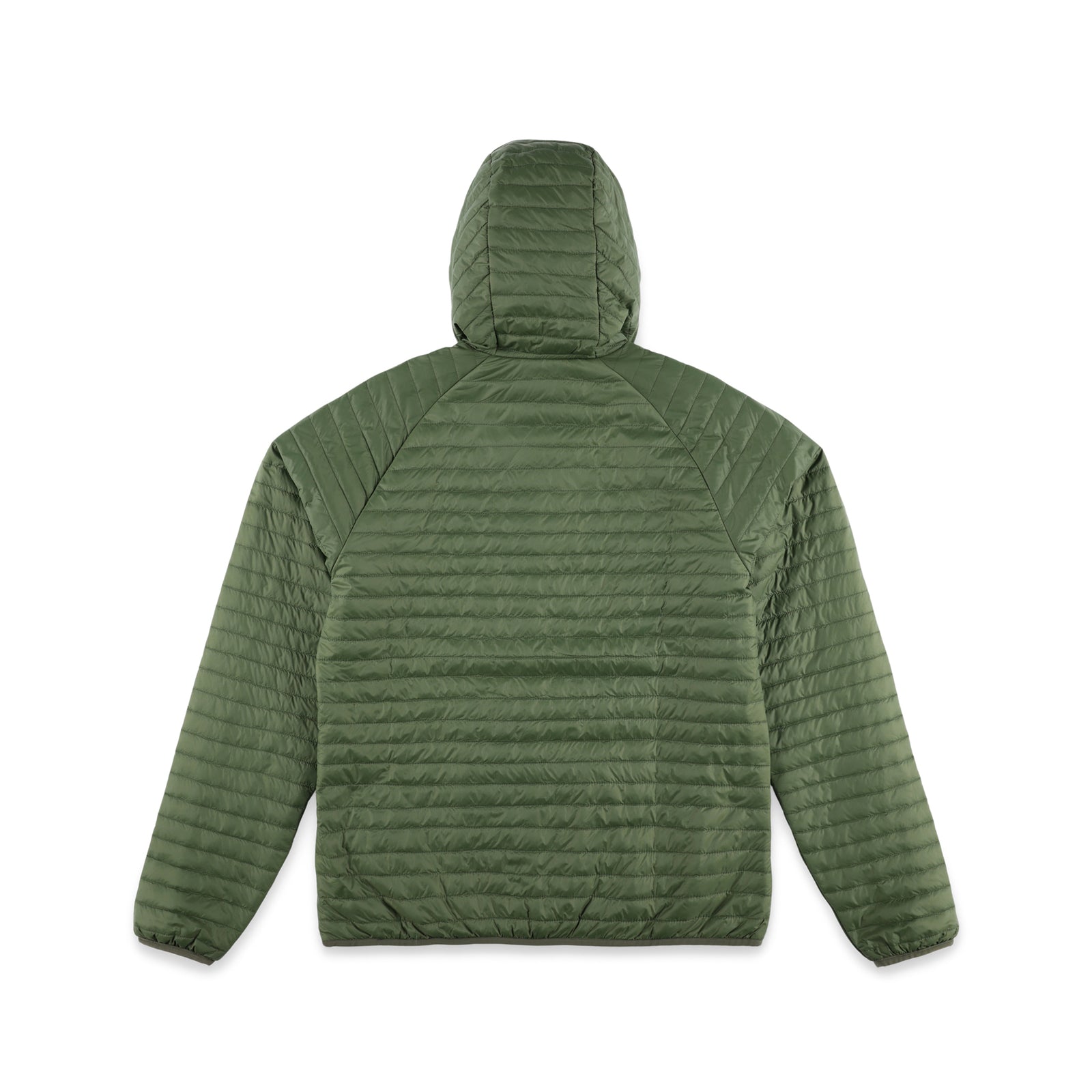Back of Topo Designs Men's Global Puffer packable recycled insulated Hoodie jacket in "olive" green.