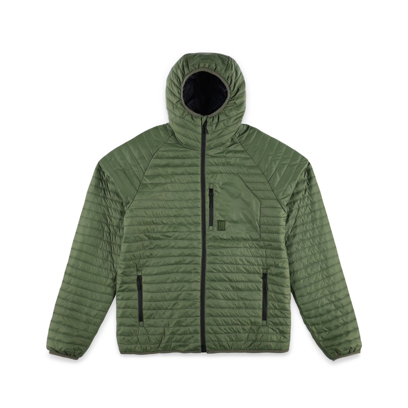 Topo Designs Men's Global Puffer packable recycled insulated Hoodie jacket in "olive" green.