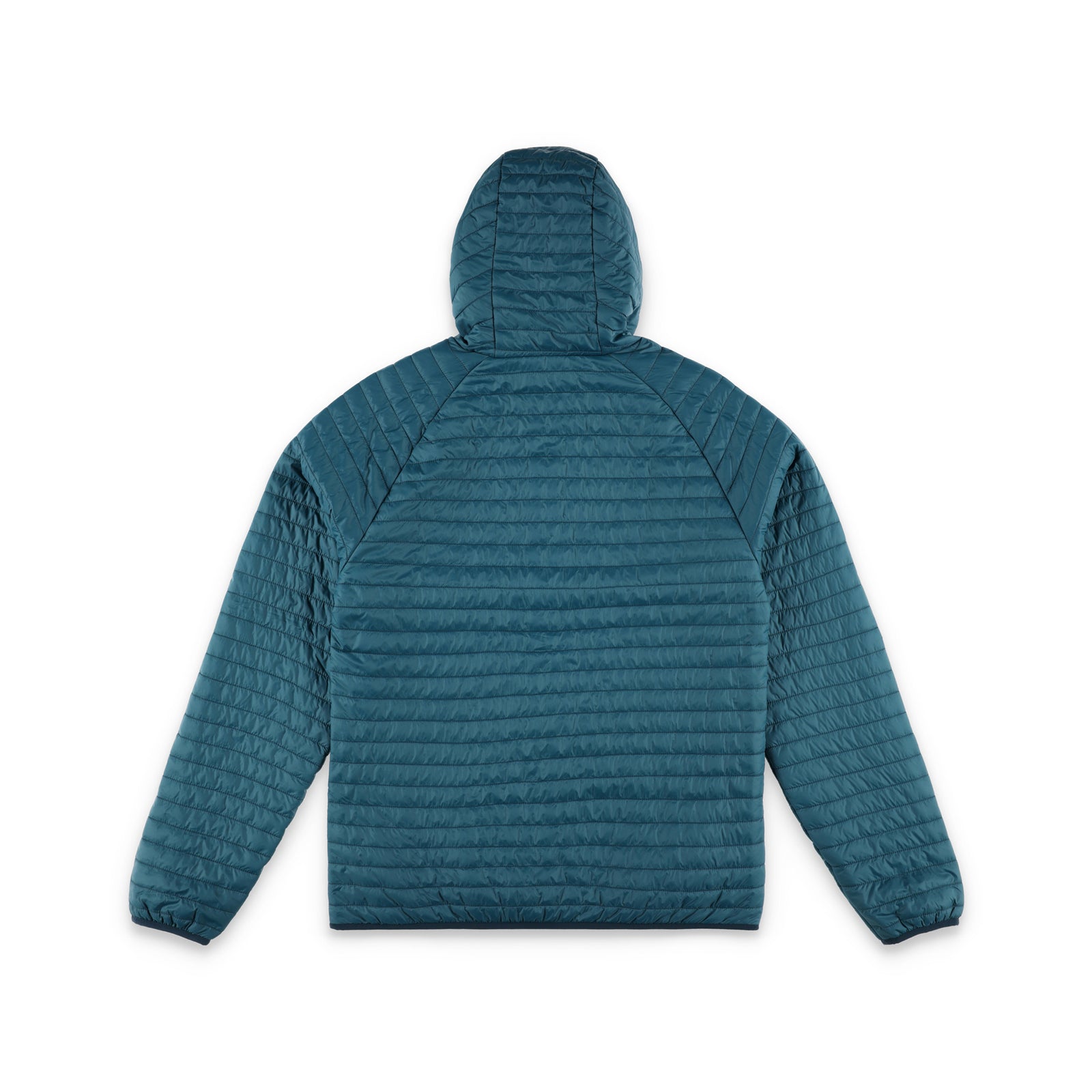 Back of Topo Designs Men's Global Puffer packable recycled insulated Hoodie jacket in "pond blue"