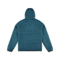 Back of Topo Designs Men's Global Puffer packable recycled insulated Hoodie jacket in "pond blue"