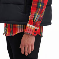 Side detail shot of sleeve cuff buttons on Topo Designs Men's Mountain Shirt Heavyweight "Red / Yellow Plaid" button-up.