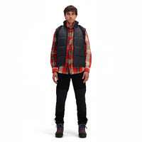 Front model shot of Topo Designs Men's Mountain Shirt Heavyweight "Red / Yellow Plaid" button-up.