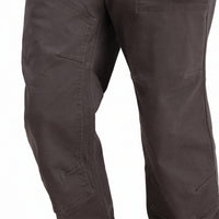 General front model shot of Topo Designs Men's Mountain Pants in organic cotton "charcoal" gray showing articulated double knee panels.