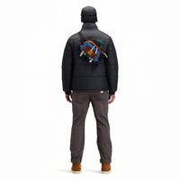 Back model shot of Topo Designs Men's Puffer recycled insulated Jacket in "Black"
