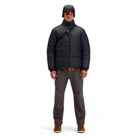 Front model shot of Topo Designs Men's Puffer recycled insulated Jacket in "Black"