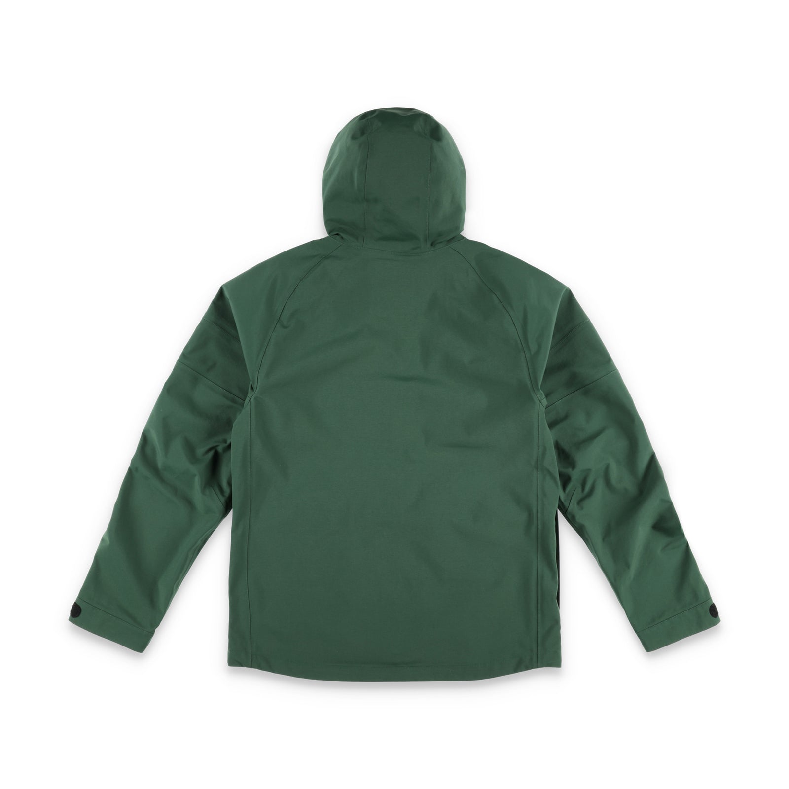 Back of Topo Designs Men's Mountain Parka waterproof shell jacket in "Forest" green.