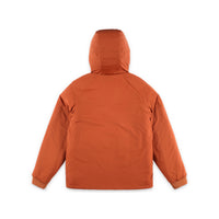 Back of Topo Designs Mountain Puffer Primaloft insulated Hoodie jacket in "Brick" orange.
