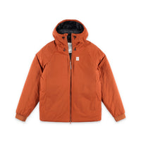 Topo Designs Mountain Puffer Primaloft insulated Hoodie jacket in "Brick" orange.