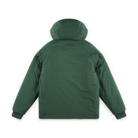 Back of Topo Designs Mountain Puffer Primaloft insulated Hoodie jacket in "Forest" green.