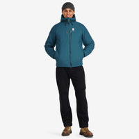 Front model shot of Topo Designs Mountain Puffer Primaloft insulated Hoodie jacket in "Pond Blue". Show on "Black" and "Forest"