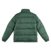 Back of Topo Designs Men's Puffer recycled insulated Jacket in "Forest" green.
